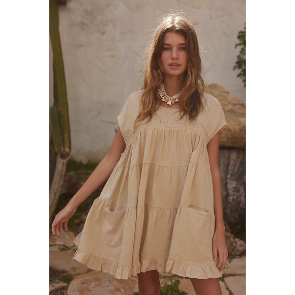 Free People Dresses & Skirts - Free People Jacquelyn Tunic Beige Tan Tiered Babydoll Mini Dress Top Size Small